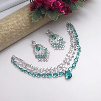 Designer Silver Plated Crystal Necklace Set with Earrings for Women | Bridal Wedding Jewelry Set | Imitation Diamond Choker Necklace & Drop Earrings for Party, Festive - Dexterous softech private limited - India