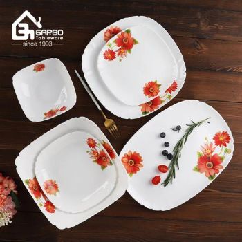 Spinning White Opal Glass Plate Square Shaped Printed Opalware Glassware Dish 8.5 Inch Glass Flat Plates Set - Guangzhou Garbo International Trading Co., Ltd. - China