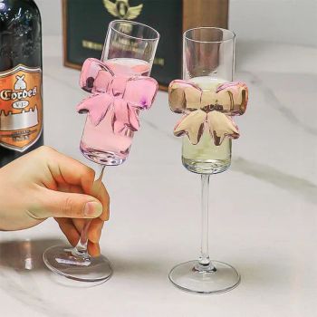 Customized Hand Blown Lead Free Glass Bowknot Wine Goblet Party High Feet Champagne Glasses Pink Bow Champagne Flutes - Jiangsu Mengran Glass Artware Co., Ltd. - China