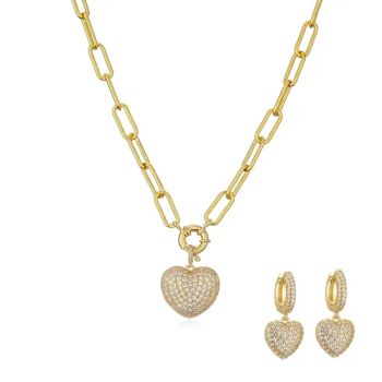 18K Gold Plated Iced out Diamond Pendant Necklaces Paper Clip Chain Love Heart Earrings 2PCS Jewelry Sets - Putian Chengqiu Hui Trading Co., Ltd. - China