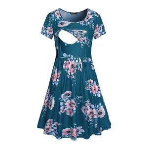 S-2XL Sweat Maternity Evening Dress Floral Printed Nightgown Lounge Wear Pregnant Gown for Breastfeeding - Shanghai Hexuan Baby Products Co., Ltd. - China