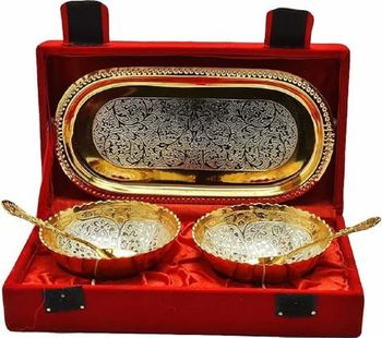 Aluminium Golden Plated Bowl Gift Sets Color Golden Bowl Shape Round Material Aluminium Usage/Application Gift Finish Type Golden - Larko India - India