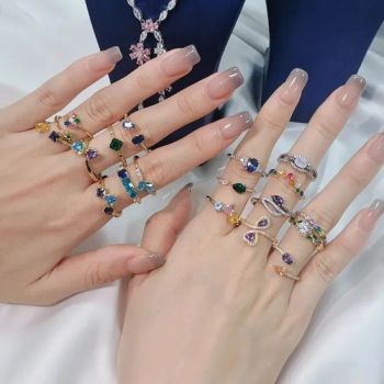Peishang Rainbow Gemstone Stackable Rings Set 925 Sterling Silver Colorful CZ Fashion Layered Look Adjustable Bands Ring Jewelry for Women - Guangzhou Peishang Jewelry Co., Ltd. - China