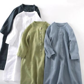 2023 Women Cotton Linen Dresses Half Sleeve Solid Color Button O-Neck Stand Collar Summer Spring Loose Casual Shirt Dress - Free Market Co., Ltd - China