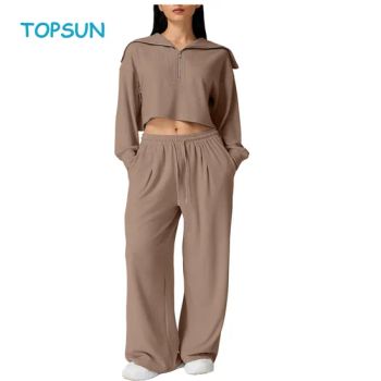 Women Cozy 2 Piece Lounge Matching Set Wide Leg Sweatpants Half Zip Crop Sweatshirt Outfits - XIAMEN TOPSUN APPAREL CO., LTD. - China