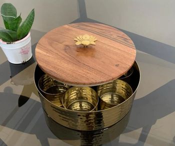 H.Z HANDICRAFTS Golden Hammered Spice metal Box, For Kitchen Type Box Shape Circular Pattern Printed Texture Hammered Color GOLDEN, - H Z Handicrafts - India