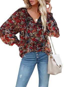 Women's Casual Boho Floral Print V Neck Long Sleeve Loose Blouses Shirts Tops - Xiamen Arcadia-Sport Trading Co., Ltd. - China