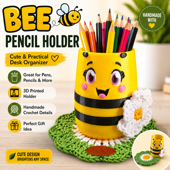 Bee Shaped Desk Organizer with Handmade Crochet Flower & Mat, 3D Printed Pencil Holder, Cute Office Storage Container, R from CREATIVECORNERSZ LTD Bee Shaped Desk Organizer with Handmade Crochet Flower & Mat, 3D Printed Pencil Holder, Cute Office Storage Container, R - CREATIVECORNERSZ LTD - Bulgaria