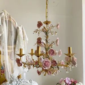 French Garden Pink Chandelier Lamps Vintage Ceramic Flower Red Rose Clothing Store Restaurant LED Candle Lamp Ktchen Lighting - Zhongshan Laiting Lighting Co., Ltd. - China