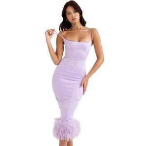 2022 Hot Style Elegant Party Bandage Spaghetti Strap Dress Feather Slit Long Sleeveless Summer Womens Dresses - Quanzhou Green Lithium Beta Trade Co., Ltd - China