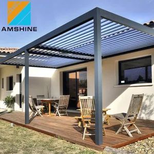 Outdoor Shade Structures Aluminum Gazebo Grey Weather Proof Pergolas Attached to House with Motorised Opening Louvre Roof and Fans - Suzhou Amshine Building Material Co., Ltd. - China