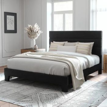 Queen Size Platform Bed Frame with Fabric Upholstered Headboard and Wooden Slats Support, Fully Upholstered Mattress Foundation - FOSHAN YEXUAN FURNITURE MANUFACTURE CO.LTD - China