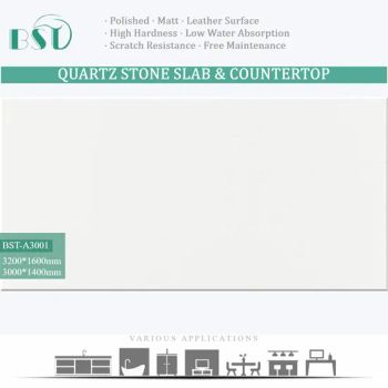 Pure White Silica-Free Quartz Stone 2cm Non-Silica Benchtop Color White Edging Eased Trademark OEM Form Big Slab Model NO. - FOSHAN BESTONE ENTERPRISE CO., LTD. - China