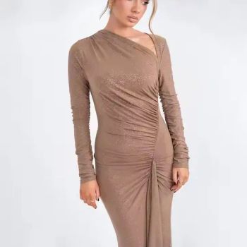 Womens Sexy Dress Party Dress Long Sleeve Ruched Bodycon Glitter Slanted Collar Club Long Evening Maxi Dresses - Dongguan Yecheng Trading Co., Ltd. - China