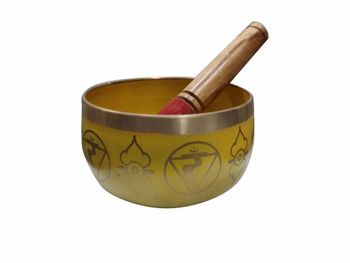 Embroidered Brass Tibetan Chakra Singing Bowl, 550 G, Round Shape Round Weight 550 g Material Brass Diameter 22 inch Usage - Singing Bowls & Manjeeras - India