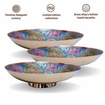 12 " Brass Fruit Bowl, Type: Decorative Trays Color Blue Shape Round Material Brass Length 12 inch No. of Pieces 3 Pattern Printed - Chadha Engineers - India