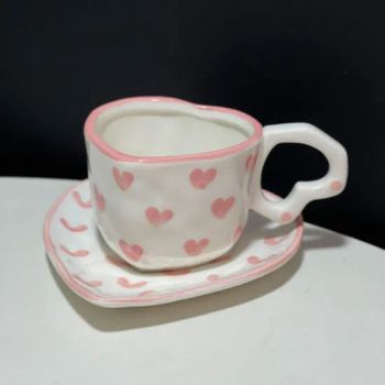 Wholesale Ceramic Cups Heart Shape Love Mug Cute Pink Handmade Ceramic Coffee Cup and Saucer Set - Nanan Unicome Gift Co., Ltd - China