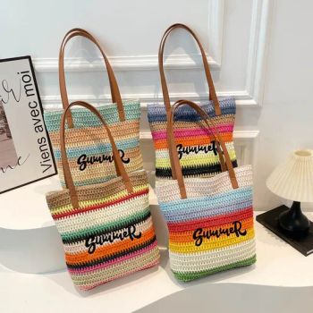 New Woven Women Shopping Bag Large Capacity Contrasting Color Stripes Letters Stylish Beach Handbag Hand-Held Handle Single Shoulder Tote Travel Bag - Shenyang Shenhe Yiming Department Stores - China