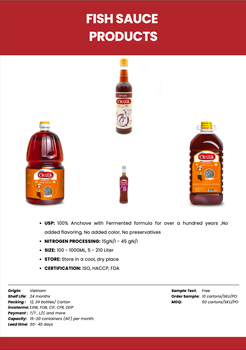 Fish sauce Shelf Life 12 Months Sample Availability Free Minimum Order Quantity 25 Cartons/sku Ingredients Anchovy, Sea Salt (naturally - Vietnam Seasoning - Vietnam