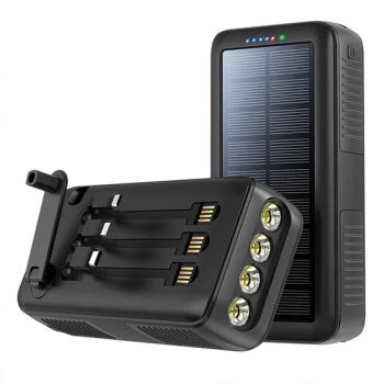 Sy-618 30000mAh Solar Power Bank - Hand Crank Charger with 3 Cables (Lightning/Type-C/Micro) , Black - Colpoint Technology Limited - China