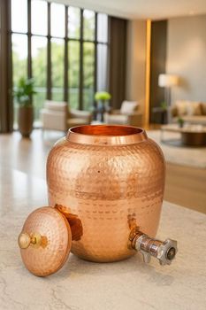 Premium Hammered Copper Water Dispenser with Brass Tap & Lid Shape Pot Capacity - Size Large Design Hammered Lid Type - Samar Innovative - India