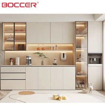Contemporary Multi-Tiered Buff Storage Unit with Glass Doors Color White Door 3 Doors Condition New Fixed Unfixed Feature - Guangzhou BOCCER Furniture Co., Ltd - China