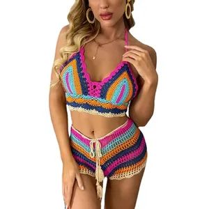 Custom Women's Suit Crochet Cover up Bathing Suits Cover up 2 Piece Short Set Color Stripe Bikini Vacation Beach Swimming Swimsuit - Guanxian Jinfang Garment Co., Ltd. - China