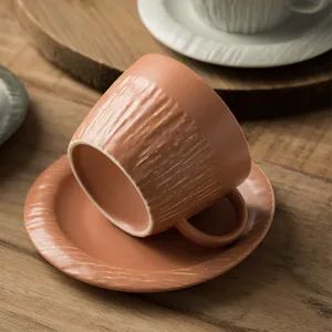 Striped Ceramic Coffee Cup and Saucer Set for Breakfast Orange Color - Chaozhou Fuyingmei Trading Co., Ltd. - China