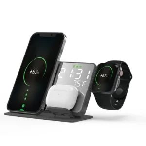 OEM Wholesale Multifunctional 4 in 1 Wireless Charger Stand Desktop Clock for iPhone and Watch Charging Station 15W Wireless Phone Charger Custom Manufacturer - Shenzhen D-Wireless Co., Ltd - China