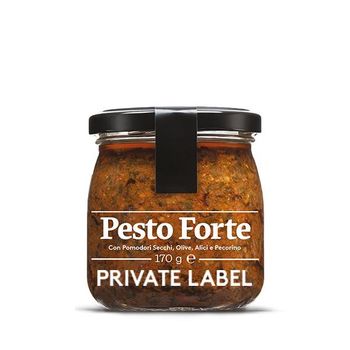 Private Label OEM Italian Pesto Forte Strong Pesto sauce with dried tomato, olives, cheese, anchovies and hot pepper for retail - Ursini srl - Italy