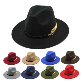 Cutsom Logo Woolen Felt Hat Panama Jazz Fedoras Hats with Metal Leaf Flat Brim Formal Party and Stage Top Hat for Women Men - Market Union Co. Ltd. - China