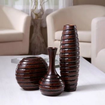 Set of 3 Carved Wood Vases, Ideal Gift Vase, Floral Arrangements Vase, Wedding Use Vase, Home Office Decor Vase, Fireplace Floor Vases - MARKET UNION CO.,LTD. - China