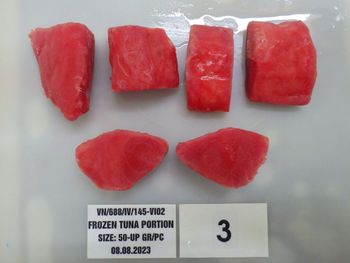 YELLOWFIN TUNA Portion 50gr up Type CO Size 50GR UP Net Weight 50gr Packaging 10kgs/ctn Color Yellowfin Tuna Texture Skinless, Boneless, Bloodline Off - Hai Trieu Co., Ltd.,  - Vietnam