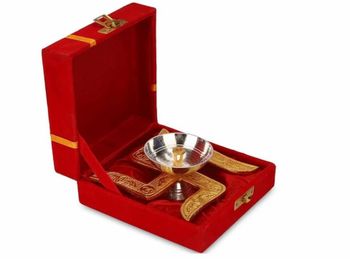 Gold Silver Swastik Shape Metal Diya Size 5 inch Type Akhand Design swatik Shape Swastik Color gold silver Number of Flames - Azmi Handicrafts - India