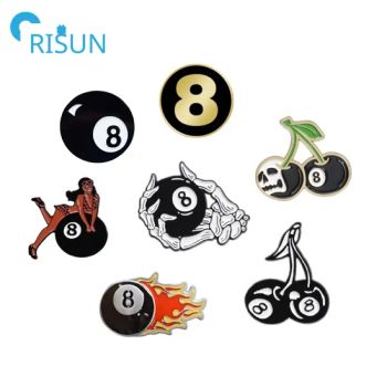 Metal Enamel Pool Snooker Billiards Number 8 Lapel Pin Badge Brooch Custom Billiard Black Cherry Magic Pool 8 Eight Ball Eightball Enamel Pins - Shenzhen Risun Trading Co., Ltd. - China
