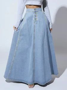 High Waist Front Buttons Four Panels Ladies Denim Long Skirt with A-Line, Single Breasted, Vintage and Simple Casual Denim Skirt - Goldely Garment Import and Export Inc. - China