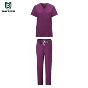 Purple 65% Polyester 35% Cotton Short Sleeves Medical Clothing Uniforms Hospital Scrubs - Baymro Safety China Co., Ltd. - China