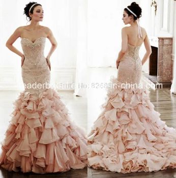 Pink Organza Mermaid Bridal Gowns Beads Crystals Wedding Dresses L2016 - Suzhou Leader Apparel Co., Ltd. - China