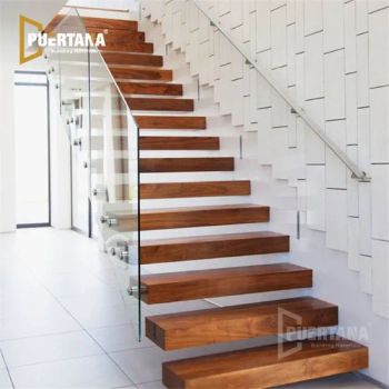 Invisible Stringer Wooden Tread Floating Cantilevered Staircase Straight Floating Stairs with Glass Railing Designs - Foshan Puertana Building Materials Co., Ltd. - China