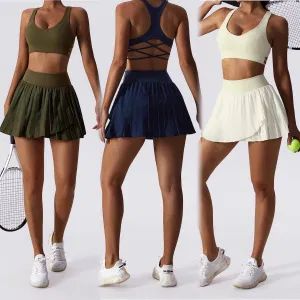 Factory New Design Sexy Sportswear 2 in 1 Pleated Golf Skirts with Criss-Cross Yoga Bra, Custom Womens Premium Soft Quick Dry Travel Clothes Tennis Skort Set - DONGGUAN TIANCHEN GARMENT TECHNOLOGY CO., LTD. - China