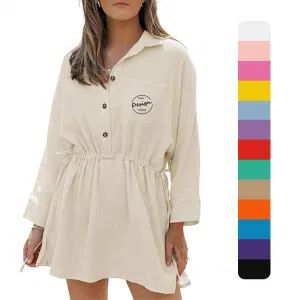 OEM Custom Logo Women's Button-up Belted Shirt Dress Long-Sleeved Dress Casual Dress with Pockets - Jiangxi Hangsheng Industry and Trade Co., Ltd. - China