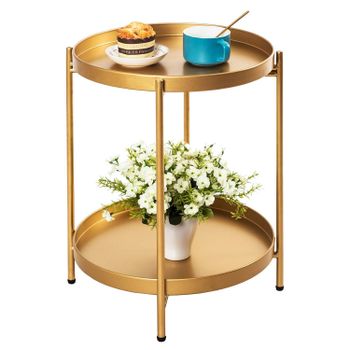 Luxury Gold Finish Two-Tier Foldable Metal Side Table for Living Room, Bedroom & Balcony | Round Iron Accent End Table - Craftin Corporation - India