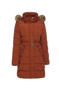 Women's Mid-Length Down Coat with Faux Fur Trim Hood & Adjustable Belt - Wenzhou Baheng Clothing Co., Ltd. - China