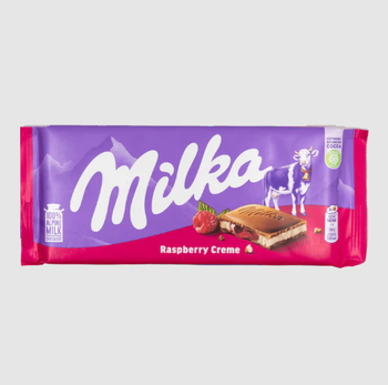 Milka Raspberry Creme Alpine Milk Chocolate 100g bars Features Gluten-Free Sweetener Cane Sugar, Honey Cocoa Content > 50 % - 70 % - Exigentelaxia Unipessoal Lda - Portugal