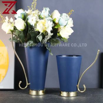 Luxury Blue Leather Metal Vases Home Accessories Decorations Cylinder Planter Pot Table Flower Vase - Hebei Zhou De Artware Co., Ltd. - China