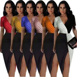 L36902 Womens Sequins V Neck MIDI Dress Bodycon Ladies Evening Cocktail Party Dresses - QUANZHOU TIANYI CLOTHING CO., LTD. - China