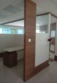 Modern Office Glass Partition, 12 mm Shape Flat Color Clear Material Wood Pattern Plain Thickness 12 mm Usage/Application - Interiors Plus - India