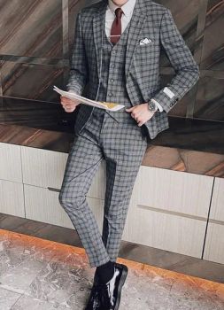Mens 2 Piece Plaid Suits Slim Formal Office Suits Checkered Blazer Jacket - SHANDONG AOSHI GARMENTS CO., LTD. - China