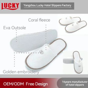 China Manufacturer Velour Terry Cloth Fabric Disposable Slippers Hotel Personalized Embroidery Logo White Coral Fleece Hotel EVA Slippers for 5 Star Hotels - Yangzhou Lucky Hotel Slippers Factory - China