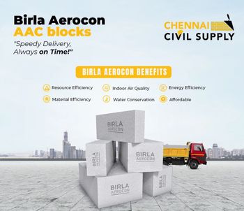 Birla Aerocon Aac Blocks, 24x8x4 in Color Grey Design Solid Size 24x8x4 in Shape Rectangular Usage/Application Side - Chennai Civil Supply - India